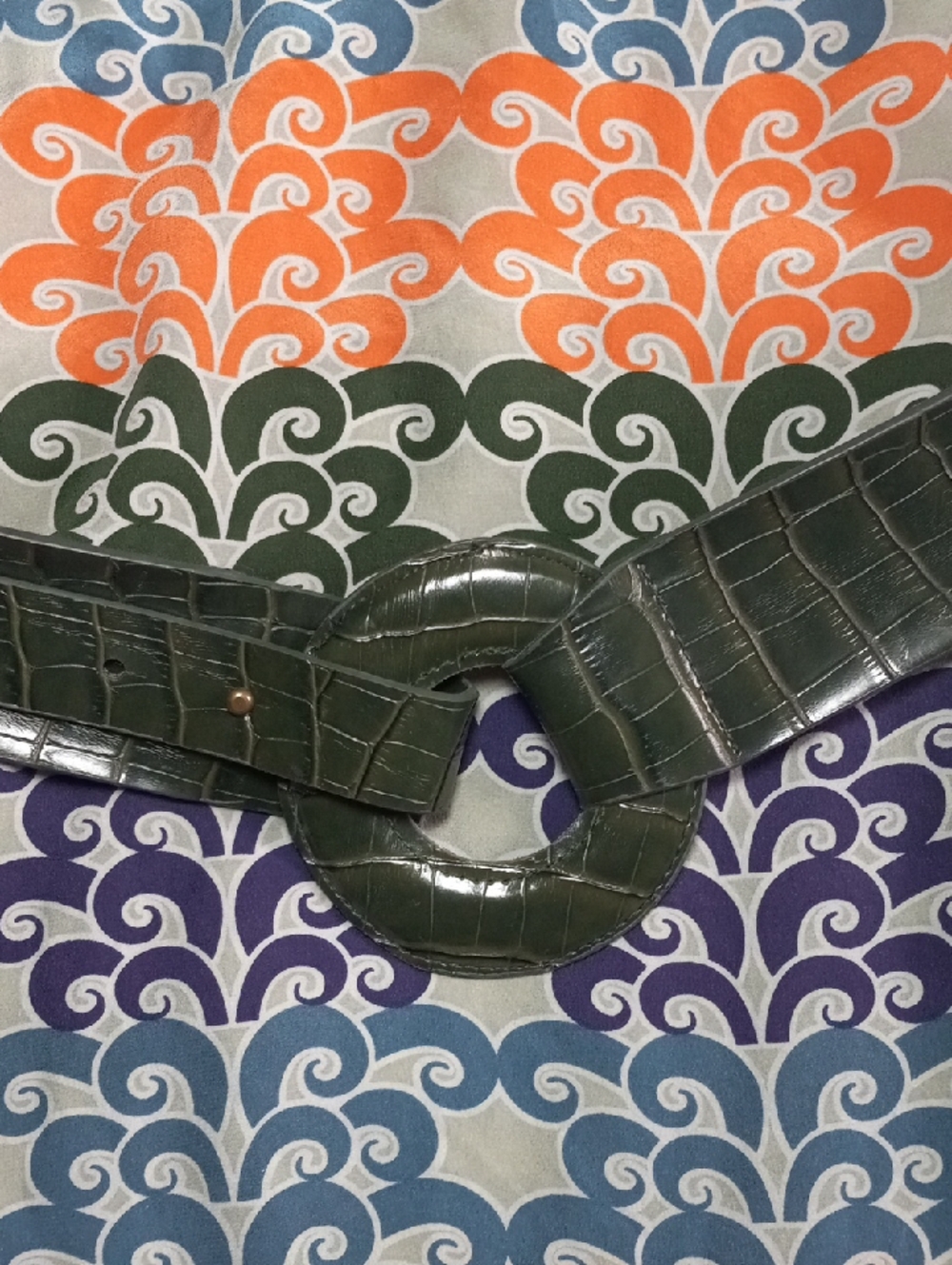 Ali Ro Patterned Cold-Shoulder Dress in Orange, Blue & Green Belt Include Size 6 - Picture 3 of 9